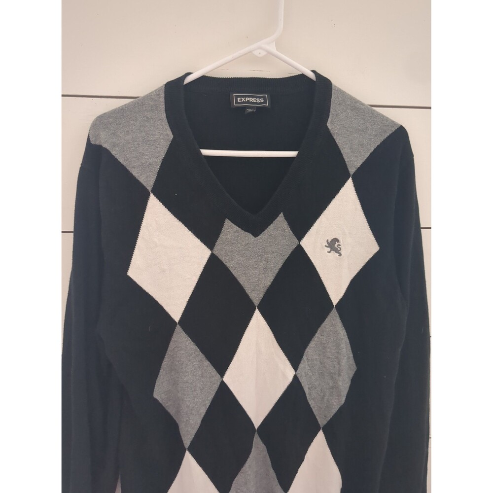 Express Men's Black Argyle V-Neck Sweater M '90s to-2000s dress fall casual